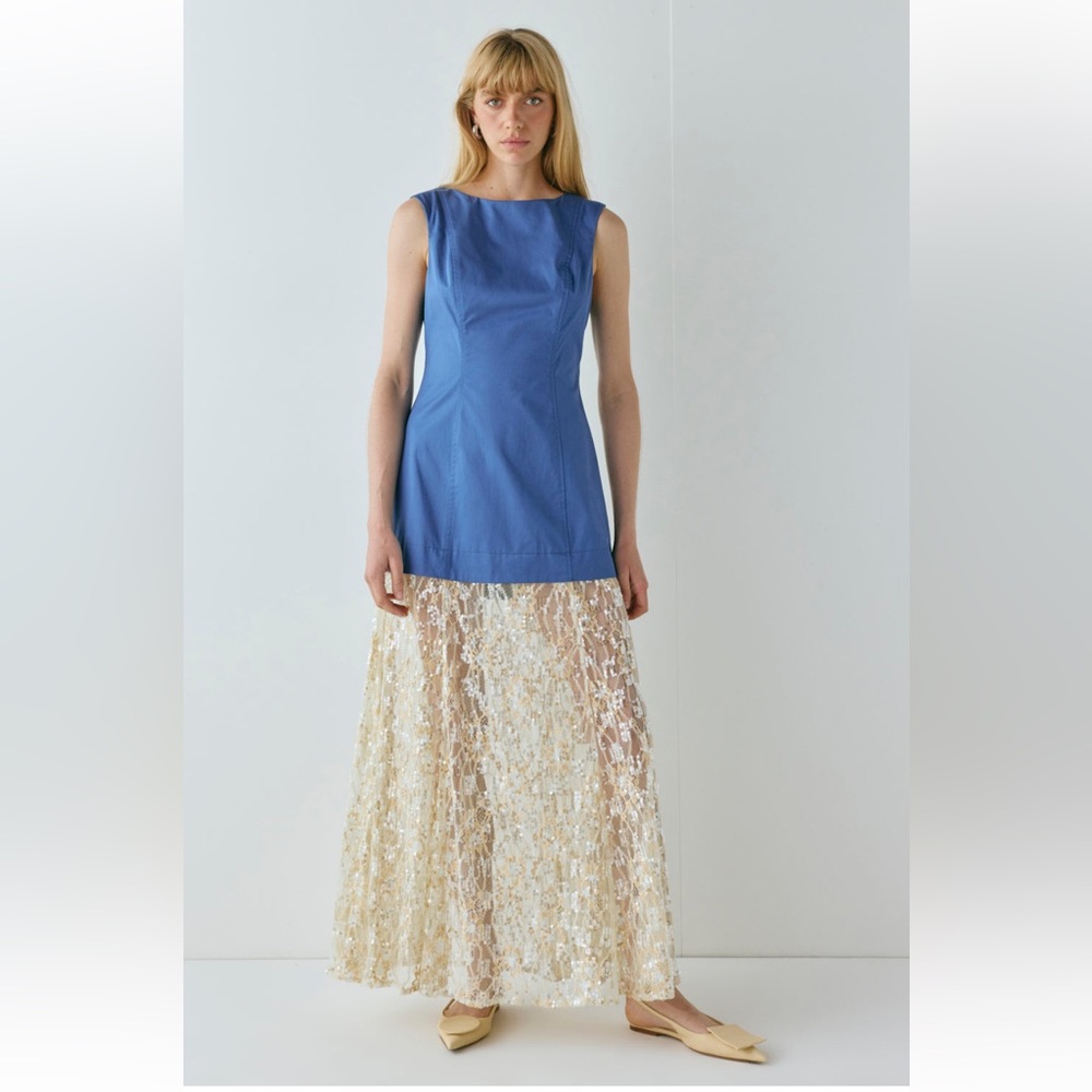 Blue Sleeveless Maxi Dress with Ivory Lace Skirt